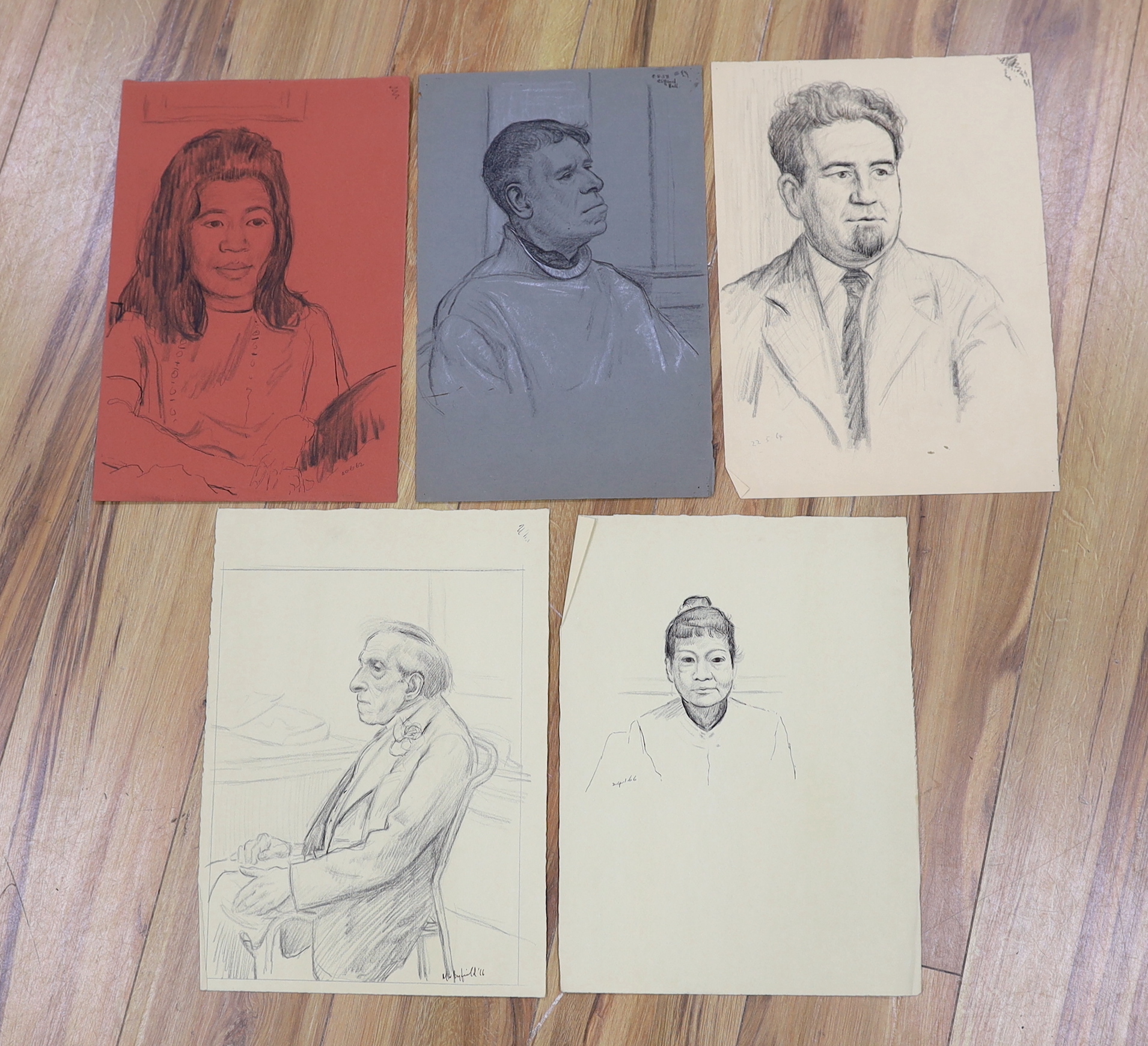 Clifford Hall (1904-1973), five ink, pencil and pastel portraits on paper, one signed, all dated, largest 39 x 27cm, unframed